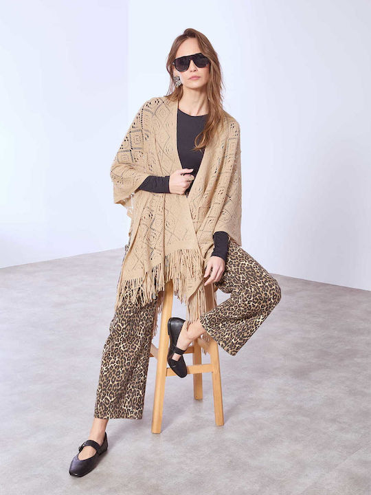 Celestino Women's Knitted Cape Perforated Patterns Loose Fit Dark Beige