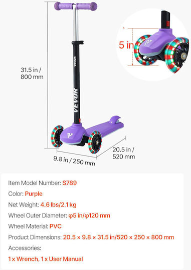 Vevor Kinderroller Klappbar 3-Rad Für 3+ Jahre Lila