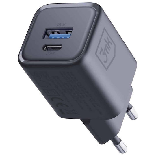 3MK Φορτιστής Χωρίς Καλώδιο GaN με Θύρα USB-A και Θύρα USB-C 33W Power Delivery Μαύρος (Hyper)
