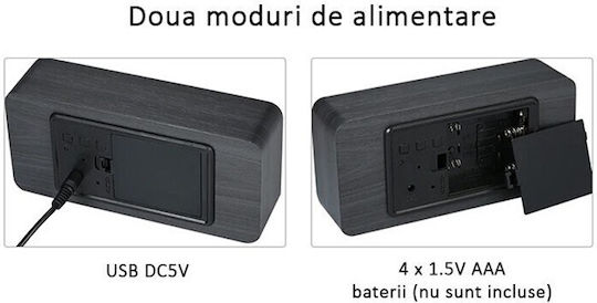 Ceas De Masă Digital Led Din Lemn Cu Ceas Deșteptător Negru