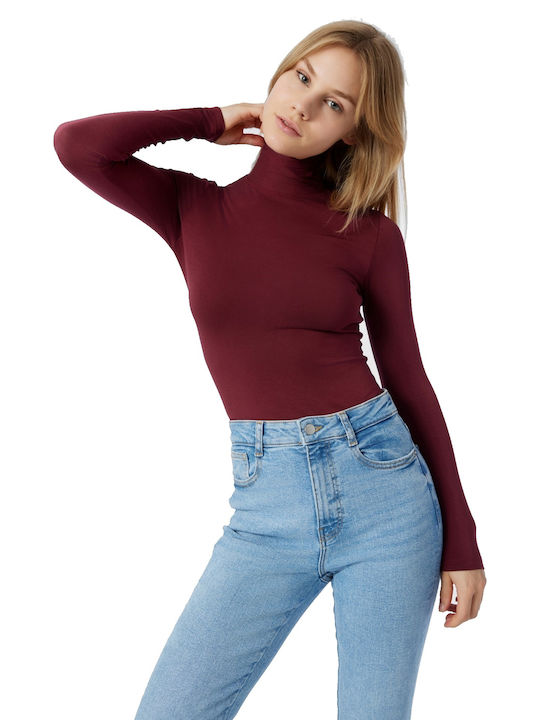 Fimelle Women's Long Sleeve Turtleneck T-Shirt Burgundy