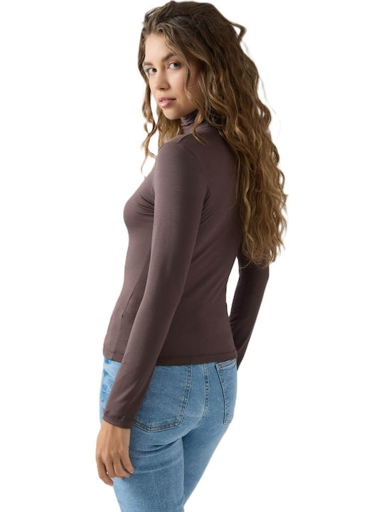 Fimelle Women's Long Sleeve Turtleneck T-Shirt Brown