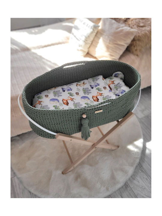 My Sweet Baby Straw Moses Basket Boho with Stand Green