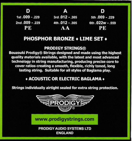 Prodigy Set of Phosphor Bronze Strings for Baglama Lime 6 String Baglama 9 - 22"