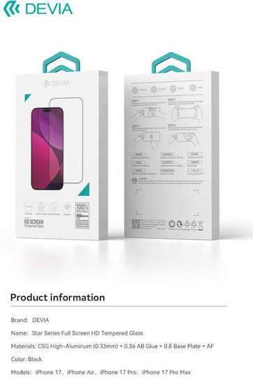 Devia 0.33mm Gehärtetes Glas Schwarz (iPhone 17 / 17 Pro / 16 Pro)