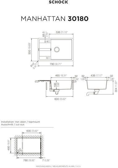 Schock Manhattan Drop-In Küchenspüle aus Flüssiger Granit M78xB50cm Beiges