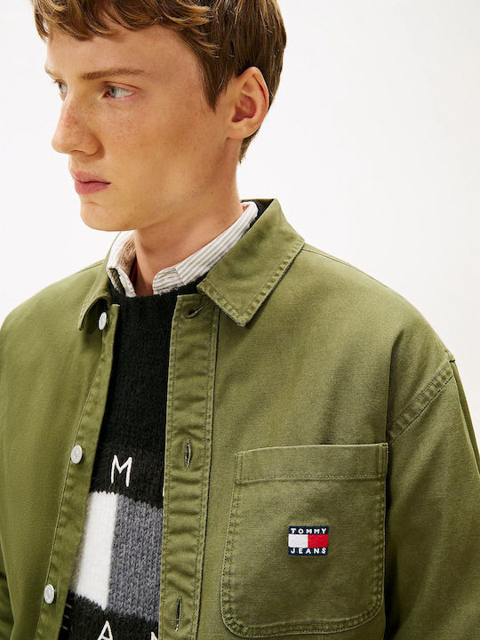 Long Sleeve Denim Overshirt in Oversized Line Olive