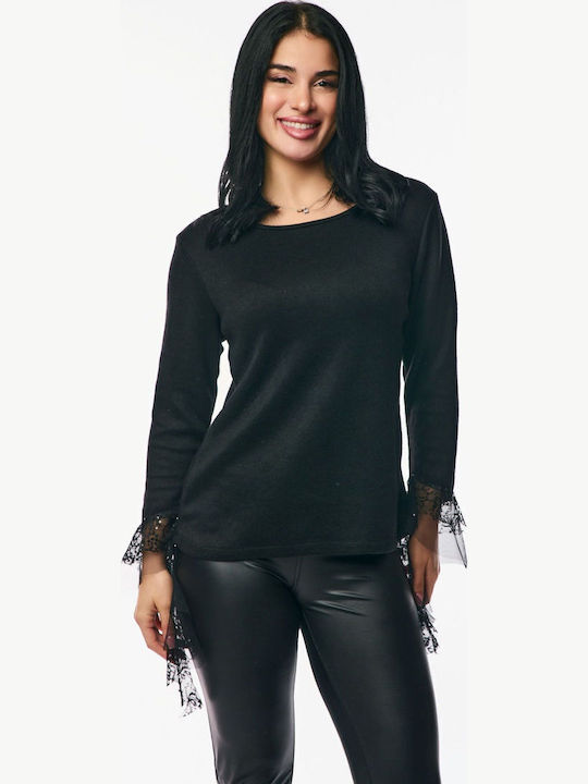 Damen Bluse mit Spitze & Transparenz Black