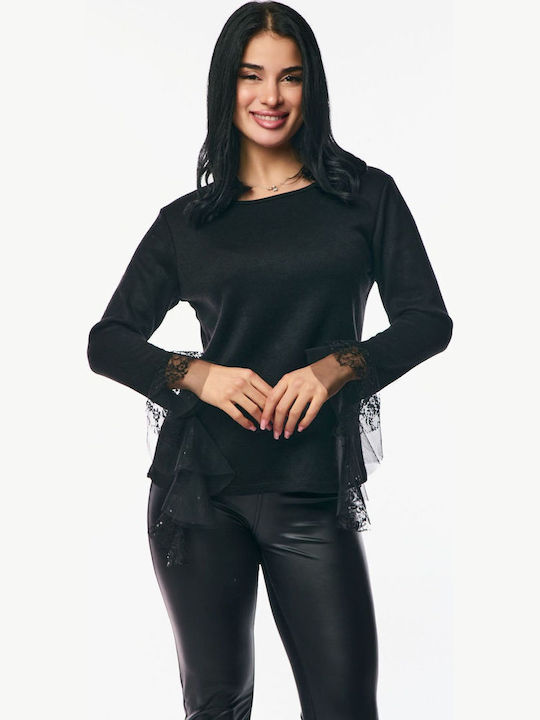Damen Bluse mit Spitze & Transparenz Black