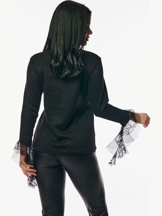 Damen Bluse mit Spitze & Transparenz Black