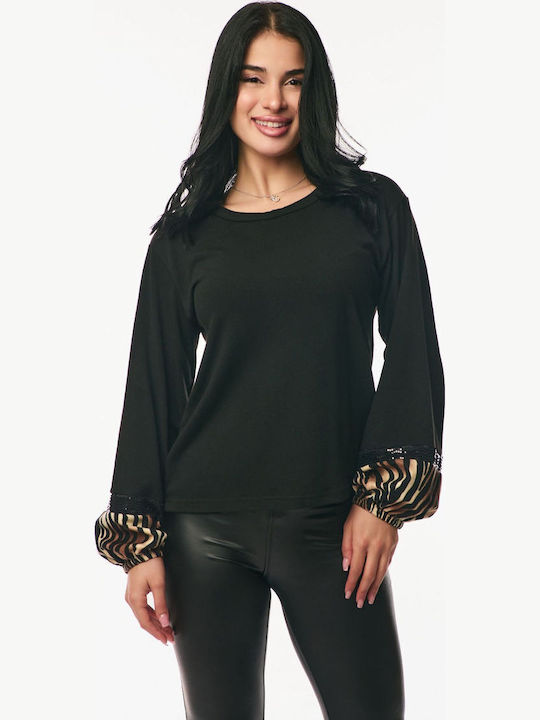 Women's Blouse with Sheerness Animal Print Black