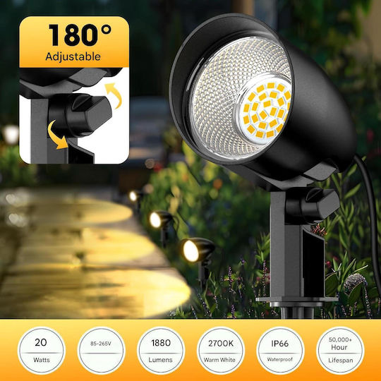 Set 2 Proiectoare Lampi de Grădină 20W Alb Cald 2700K Rezistent la Apă IP66 Țepușă de Sol Cablu 1 M Iluminat Exterior Grădină Curte Petrecere