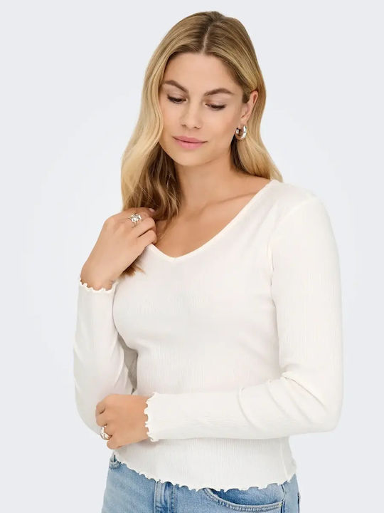 Ina Women's Blouse Cotton Long Sleeve with V Neckline White