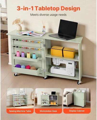 Vevor Folding Sewing Table Multifunctional Sewing Machine Wheels Wooden Pegs Storage Discs Shelf Magnetic Lock Side Surface Constructions Light Green Frzjyxxkzdbhmmz91001v0