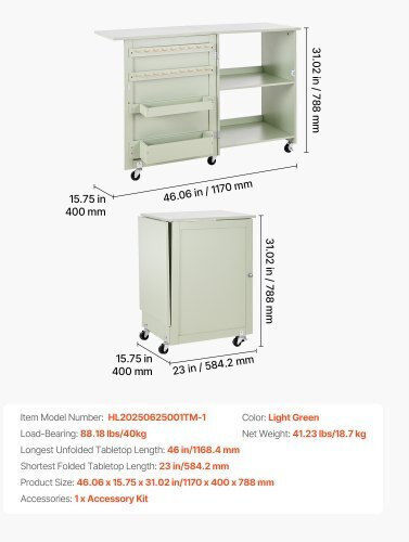 Vevor Folding Sewing Table Multifunctional Sewing Machine Wheels Wooden Pegs Storage Discs Shelf Magnetic Lock Side Surface Constructions Light Green Frzjyxxkzdbhmmz91001v0