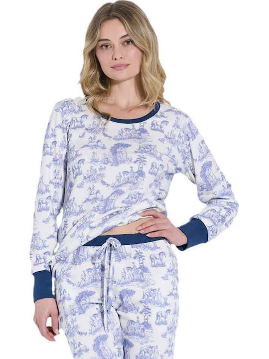 Jeannette Lingerie Χειμερινό Γυναικείο Σετ Πιτζάμας Λευκό Και Μπλε