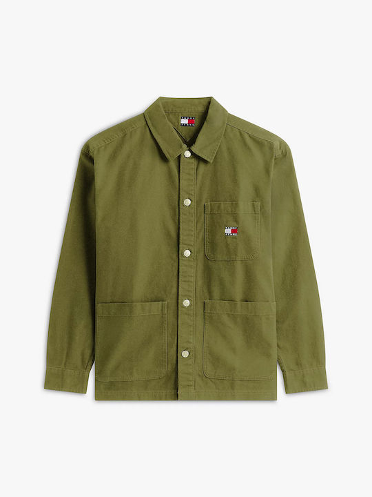 Long Sleeve Denim Overshirt in Oversized Line Olive