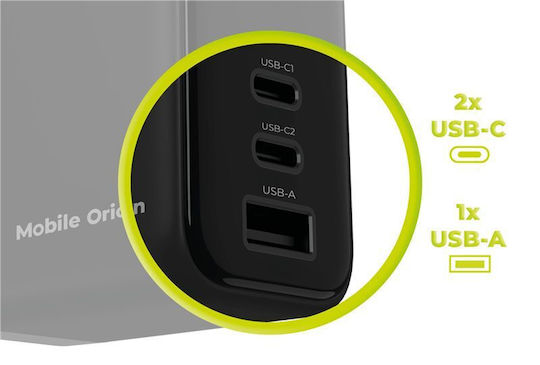 Mobile Origin Φορτιστής Χωρίς Καλώδιο GaN με Θύρα USB-A και 2 Θύρες USB-C 65W Power Delivery Μαύρος