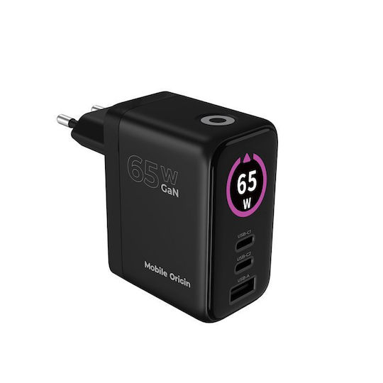Mobile Origin Φορτιστής Χωρίς Καλώδιο GaN με Θύρα USB-A και 2 Θύρες USB-C 65W Power Delivery Μαύρος