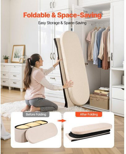 Stool For Living Room Bed Collapsible With Storage Space Upholstered with Fabric Beige