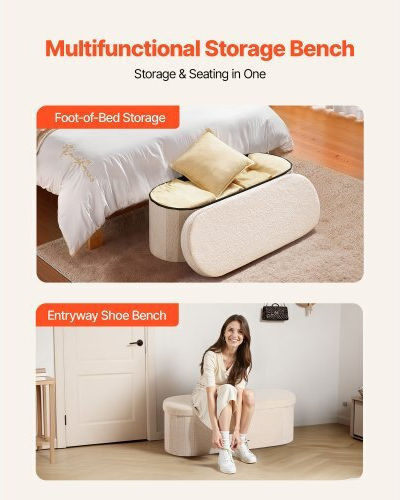 Stool For Living Room Bed Collapsible With Storage Space Upholstered with Fabric Beige