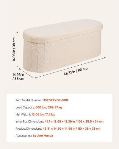 Stool For Living Room Bed Collapsible With Storage Space Upholstered with Fabric Beige