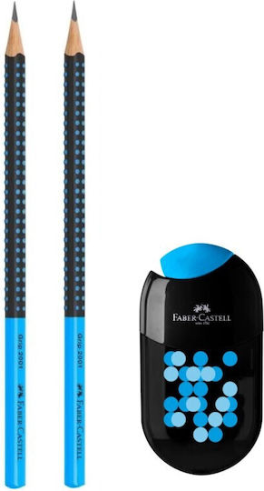 Faber-Castell Jumbpo Grip Σετ 3 Μολύβια B με Ξύστρα και Γόμα Μπλε Τιρκουάζ