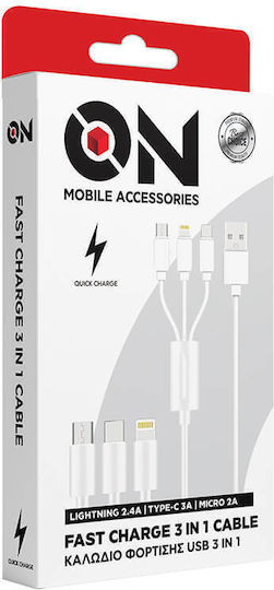 Καλώδιο Φόρτισης Usb 3 1 Lightning Micro Type-c Λευκό 120cm On Mobile Accessories 1 Τεμάχιο
