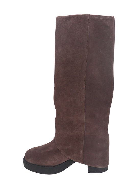 Leder Damenstiefel mit mittlerem Absatz Braun