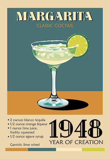 Poster Vintage Margarita Classic Cocktail Pst25385 30cm X 40cm Frame Natural Wooden Beige