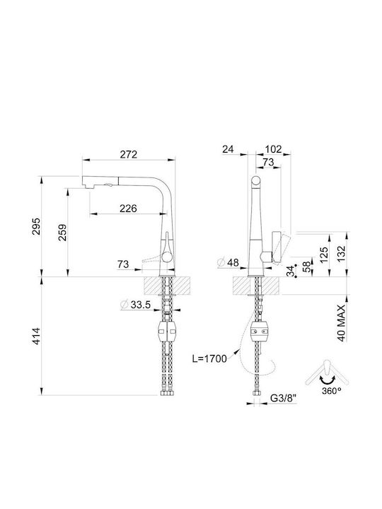 Gessi Proton Μπαταρία Κουζίνας Πάγκου Ασημί
