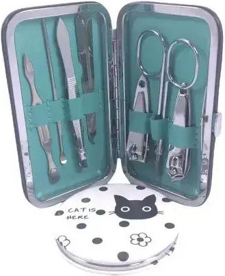 Manicure Eyebrow Set In Case Mirror Jup Cat's Here 193998-6 Eco Leather Black White