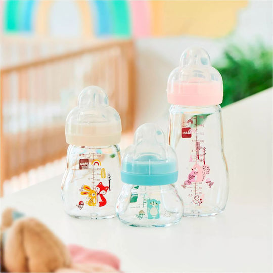 Mam Glass Baby Bottle Feel Good with Silicone Teat for 0+ Months Blue 90ml