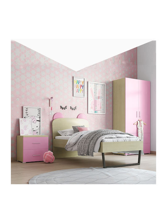 Kids Bedroom Set Crown Pink Oak 3pcs with Bed for Mattress 90x190cm