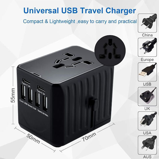 Универсално Пътно Зарядно Jup Beiaosu *11143-66 8865-18 4 Usb + 2 Usb Type C 150+ Държави Us Eu Uk Au Черен 7 X 5.5 См
