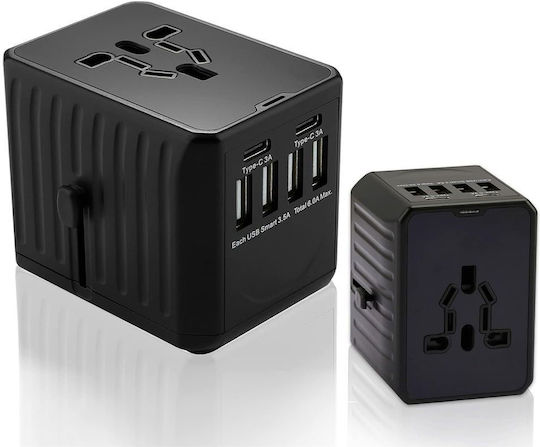 Универсално Пътно Зарядно Jup Beiaosu *11143-66 8865-18 4 Usb + 2 Usb Type C 150+ Държави Us Eu Uk Au Черен 7 X 5.5 См