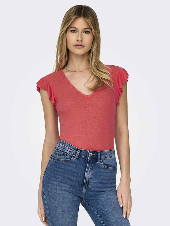 Women's Summer Blouse Sleeveless with V Neckline Pink