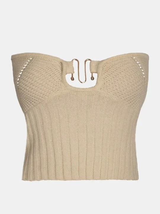 Πλεκτό Τοπ Strapless Μεταλλικό Διακοσμητικό Μπεζ Μέγεθος Μ