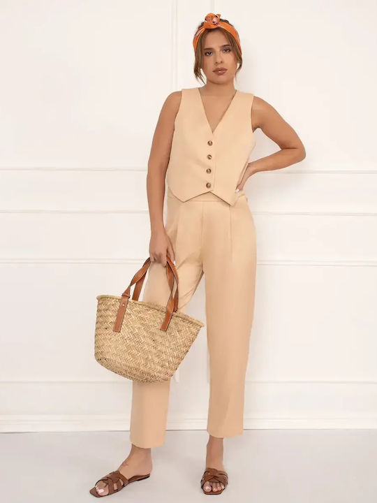 Damen Anzug Weste Hose Beige Größe Xl