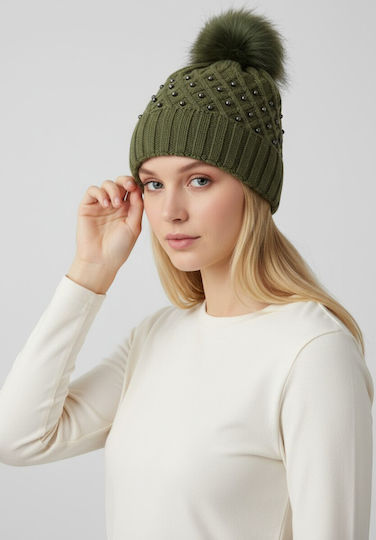 Pom Pom Beanie Γυναικείος Σκούφος Πλεκτός σε Χακί χρώμα
