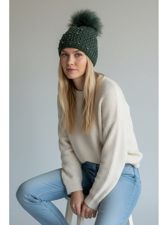 Pom Pom Beanie Beanie Knitted in Khaki color