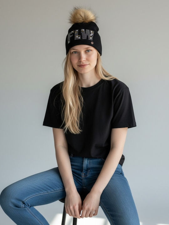 Pom Pom Beanie Beanie Knitted in Black color