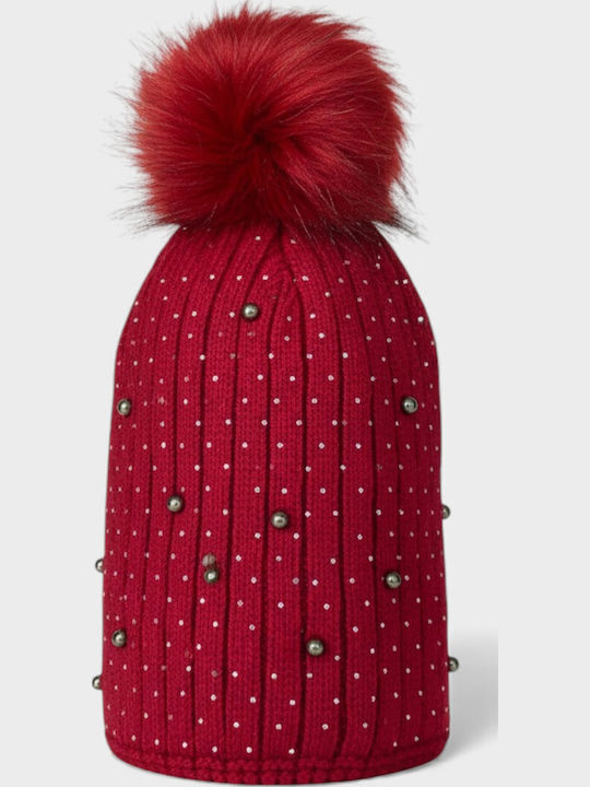 Pom Pom Beanie Beanie Knitted in Red color