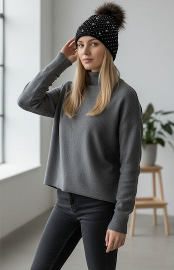 Pom Pom Beanie Frauen Beanie Gestrickt in Schwarz Farbe