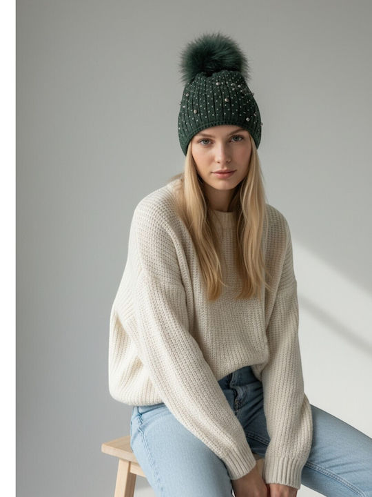Pom Pom Beanie Beanie Knitted in Khaki color