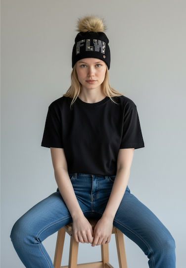 Pom Pom Beanie Γυναικείος Σκούφος Πλεκτός σε Μαύρο χρώμα