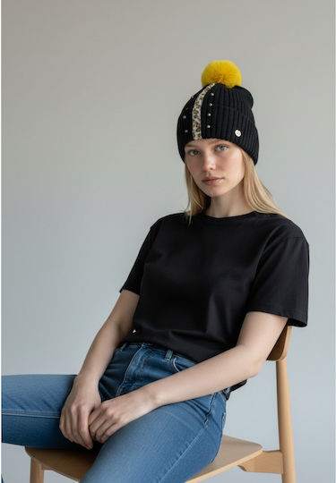 Pom Pom Beanie Frauen Beanie Gestrickt in Schwarz Farbe