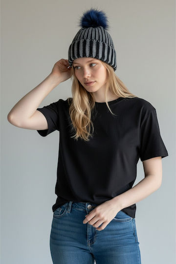 Pom Pom Beanie Γυναικείος Σκούφος Πλεκτός σε Μπλε χρώμα