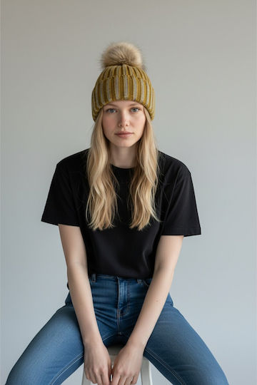 Pom Pom Beanie Frauen Beanie Gestrickt in Gelb Farbe