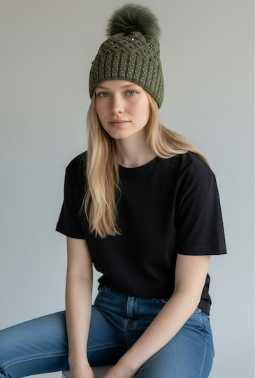 Pom Pom Beanie Γυναικείος Σκούφος Πλεκτός σε Χακί χρώμα